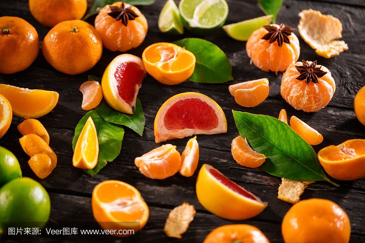 俯视图混合柑橘类水果